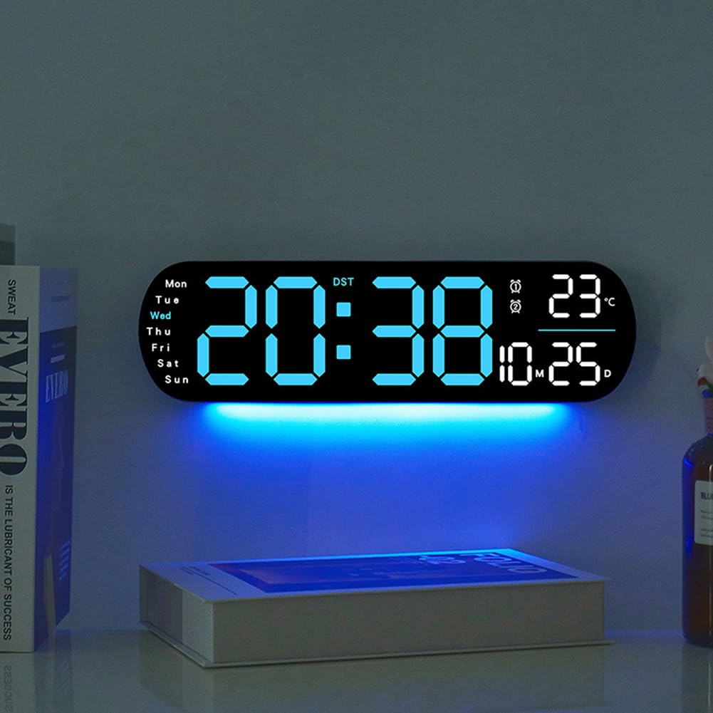 Reloj digital de pared Garvee 35 cm LED pantalla grande brillo ajustable azul para cocina salón dormitorio