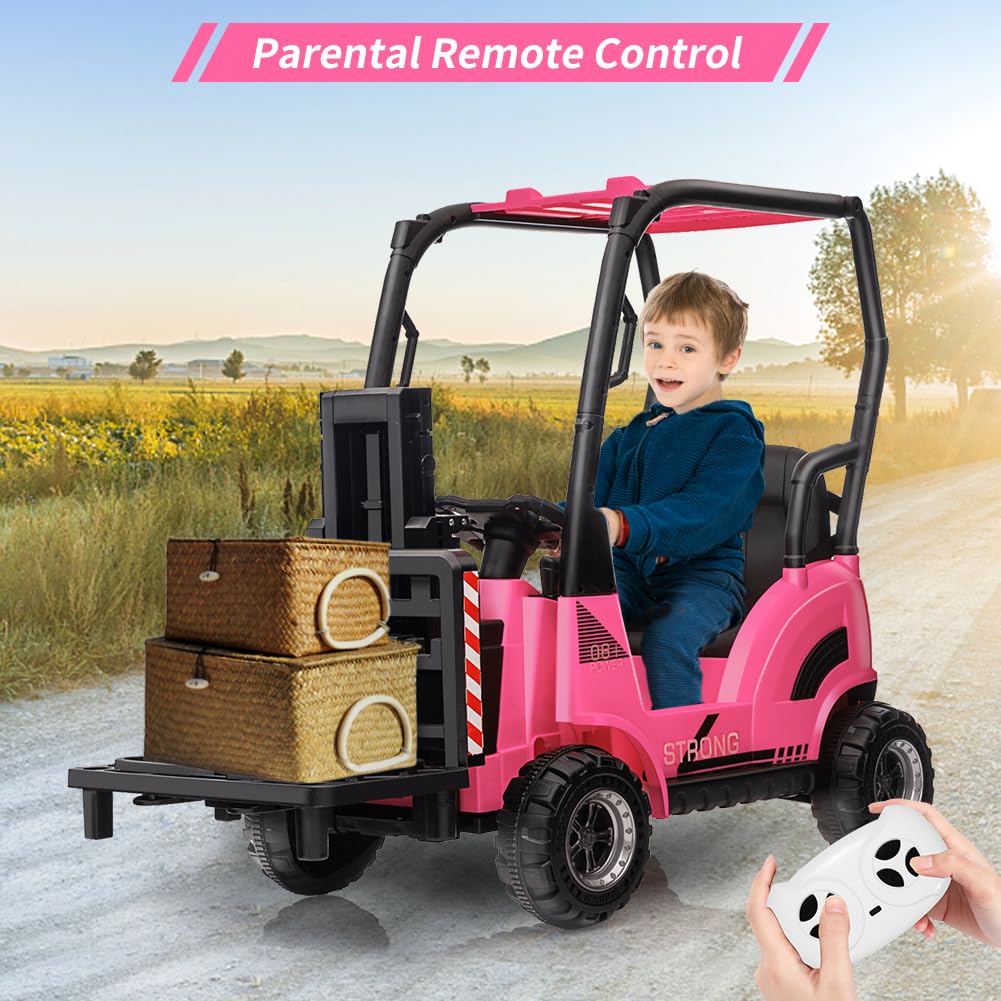 Coche eléctrico infantil Garvee 12V carretilla elevadora rosa con toldo y horquilla ajustable