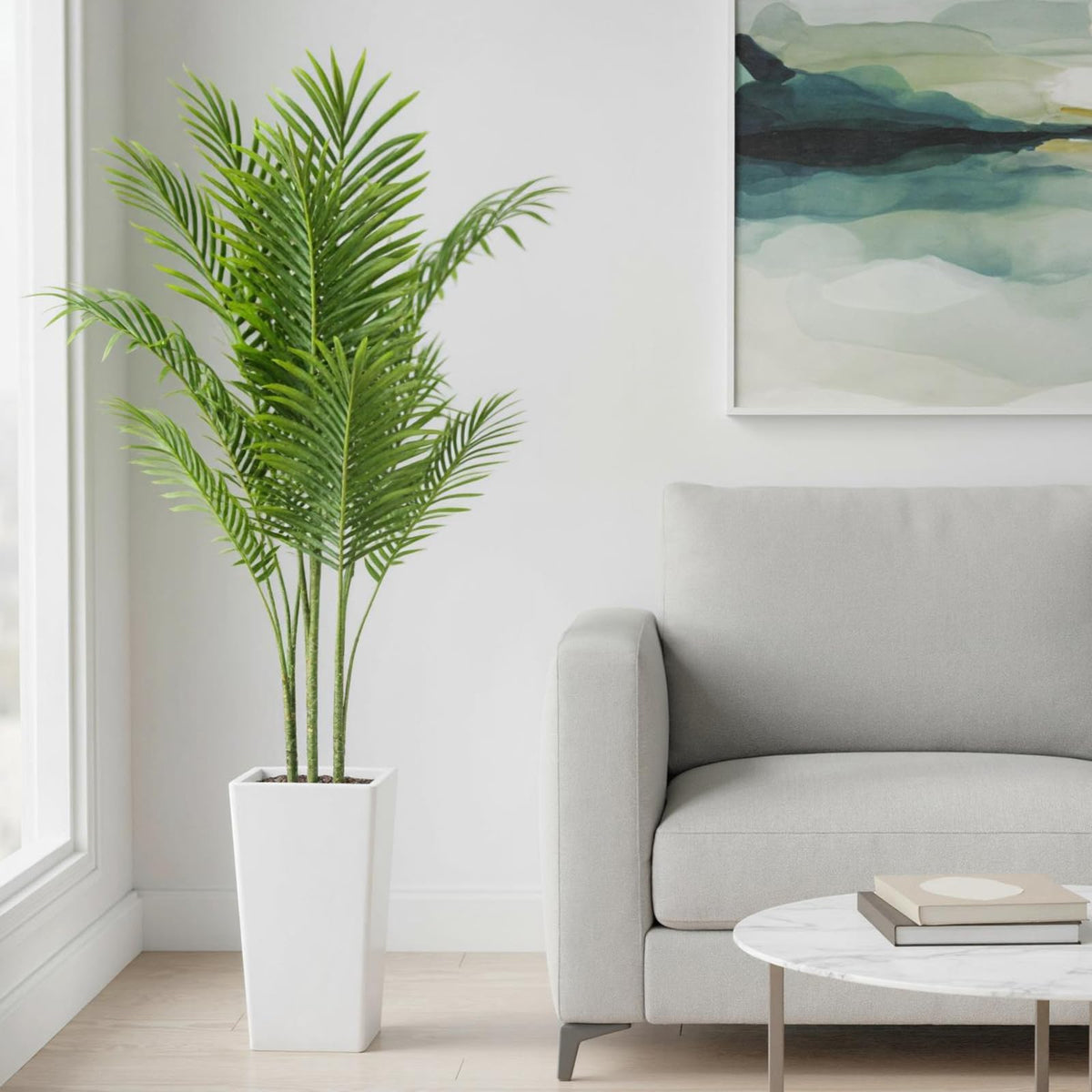 Árbol artificial de palma Garvee 147 cm con maceta blanca alta planta falsa tropical areca PEVA impermeable