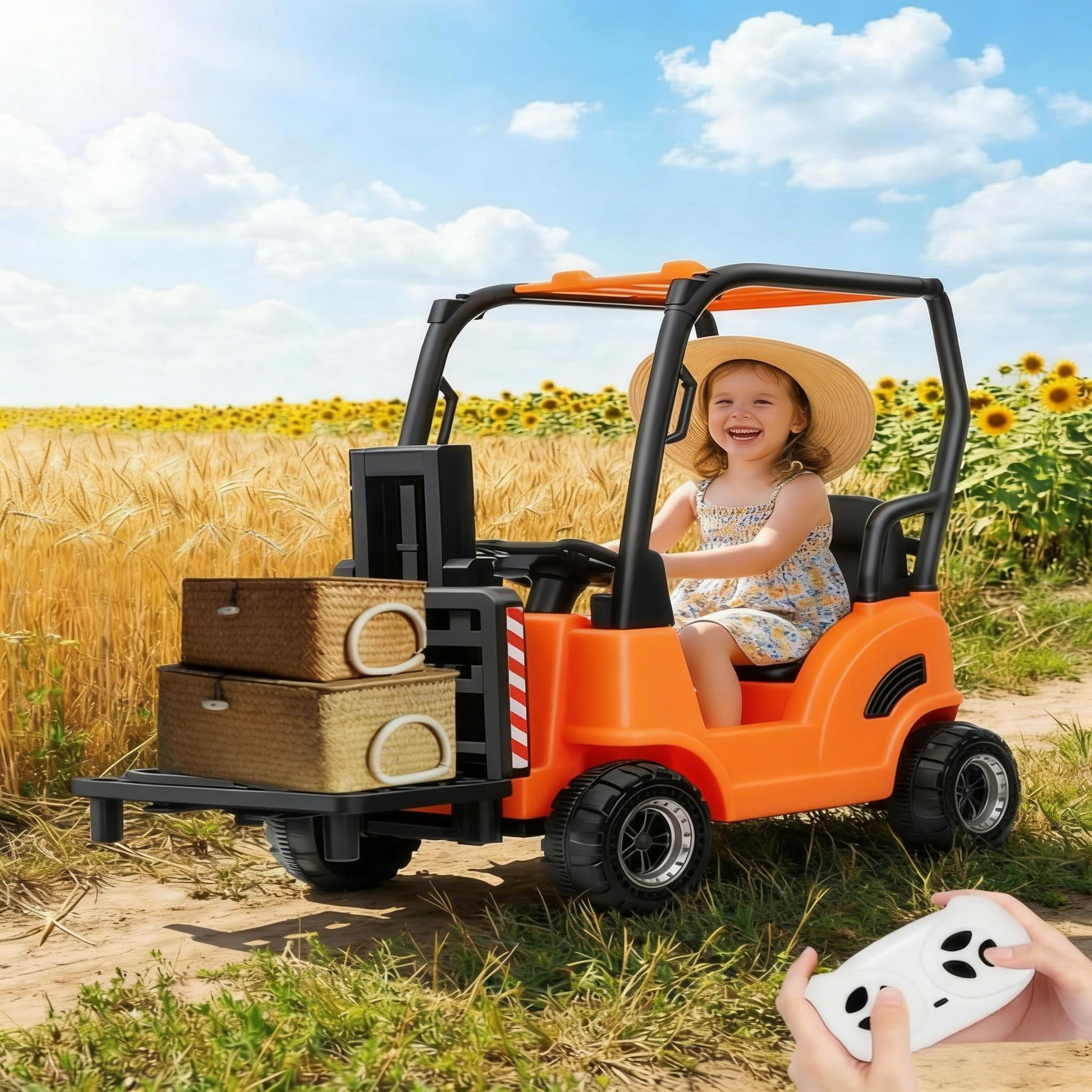 Coche eléctrico infantil Garvee 12V carretilla elevadora naranja con horquilla ajustable y control dual