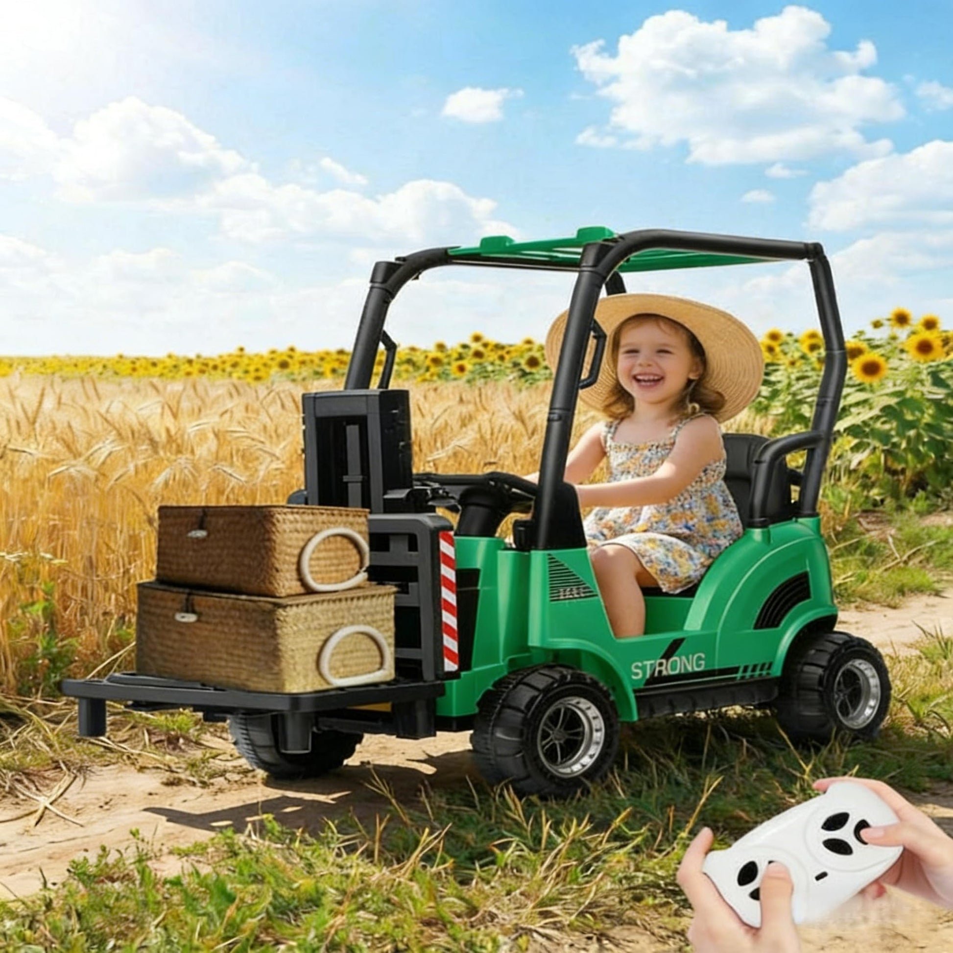 Garvee Montacargas eléctrico infantil de 12V verde con horquilla funcional y palé