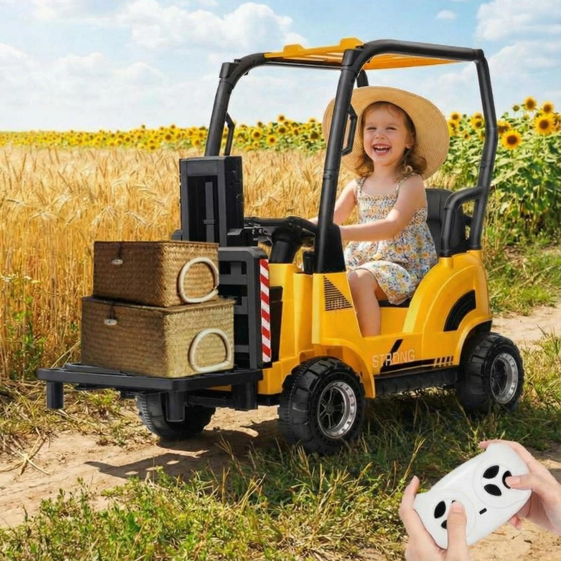 Coche eléctrico infantil Garvee 12V carretilla elevadora amarilla con horquilla ajustable y paleta