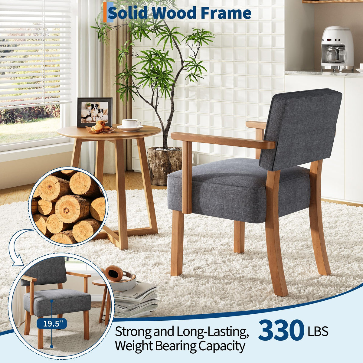 Estructura de madera maciza de la silla Garvee con capacidad de 150 kg y acabado resistente