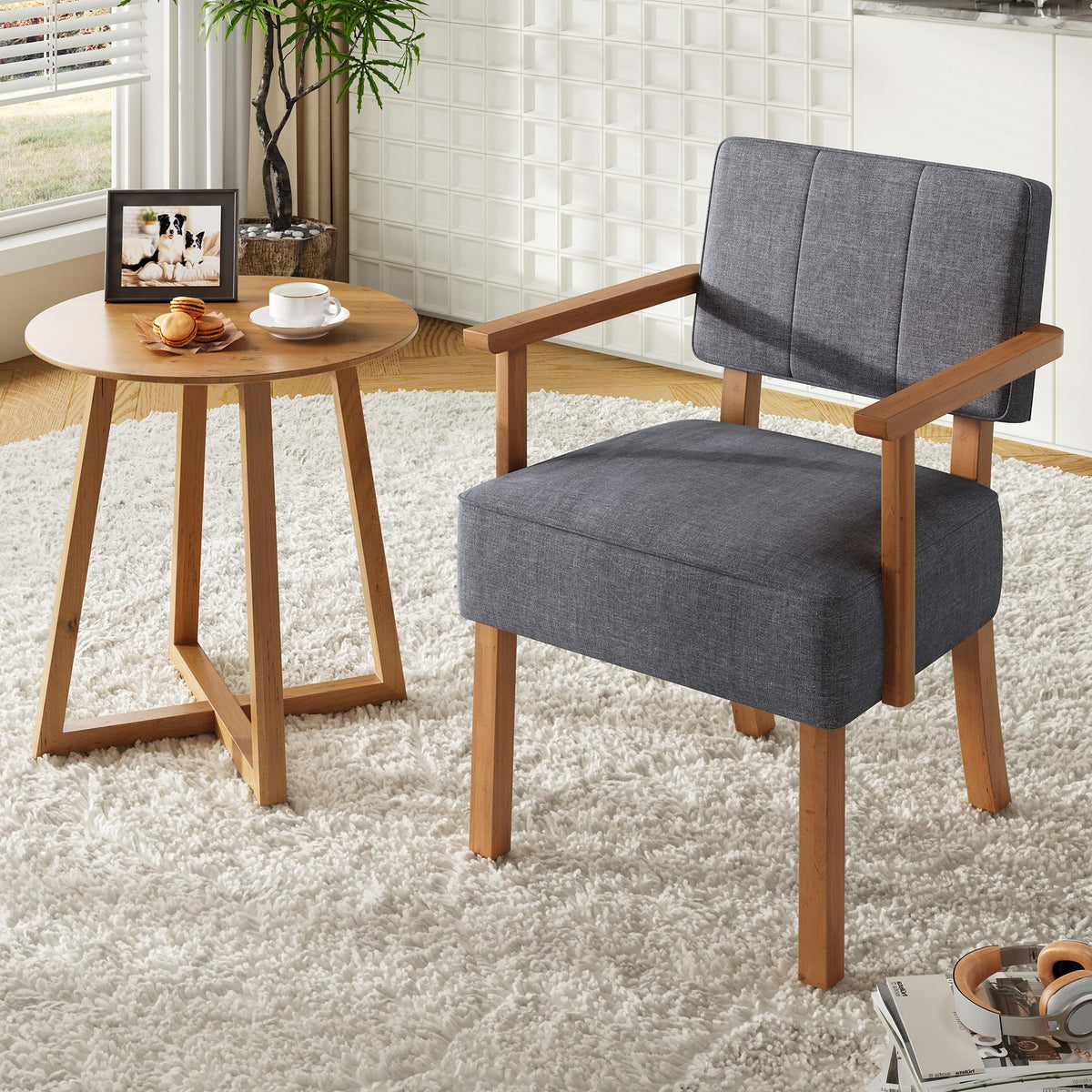 Silla de acento Garvee mid-century marco de madera tapizado en lino gris oscuro rayas verticales